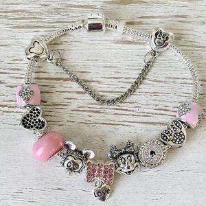 MINNIE MOUSE Disney Rhinestone Euro Charm Bracelet Silver Pink ~ US SELLER